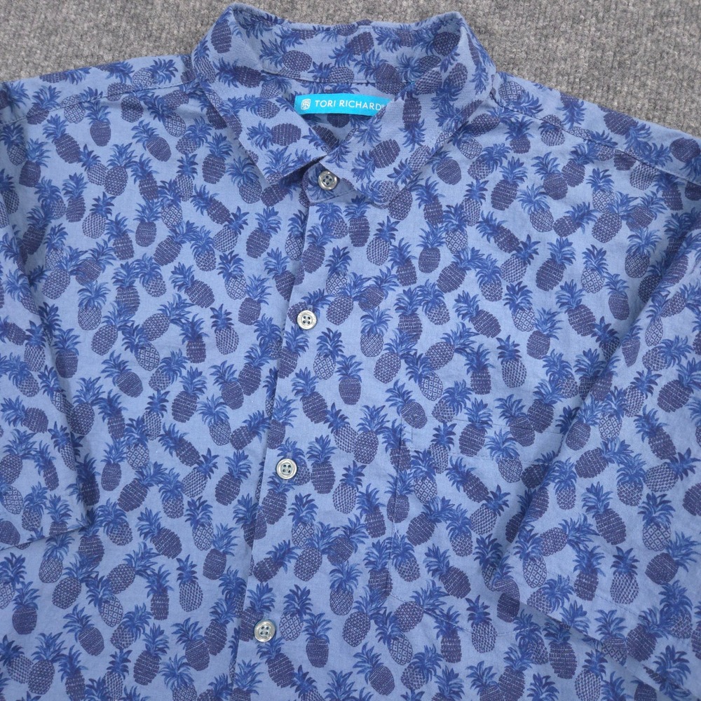 Tori Richard Shirt Mens L Blue Pineapple Tropical Floral AOP Made In Hawaii USA